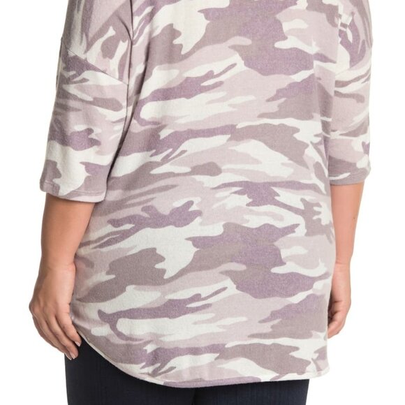 Premise Nordstrom Camo V-Neck Sweater ¾ Sleeve High Low Knit Gray White Size 1X - Picture 2 of 6